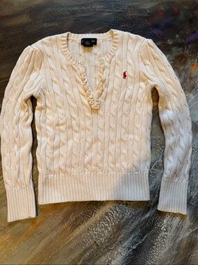 Ralph Lauren Cream Cable-Knit V-Neck Sweater with Fuchsia Pony